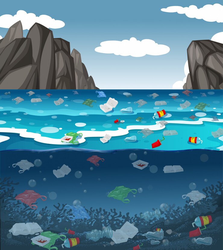 Vetor poluição da água com sacos de plástico no oceano