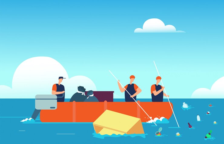 Vetor poluição oceânica mundial. pessoas no barco coletando lixo plástico no mar. ilustração em vetor desenhos animados ambiente água poluída