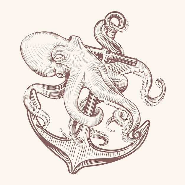 Polvo com âncora. desenho mar lula kraken segurando a âncora do navio. projeto vintage de tatuagem de polvo da marinha