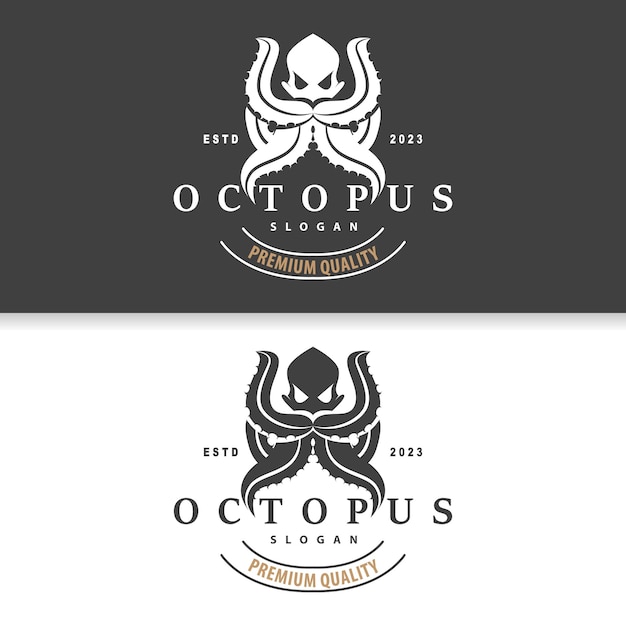 Polvo logotipo antigo retro vintage design oceano animal vetor tentáculo modelo de ilustração