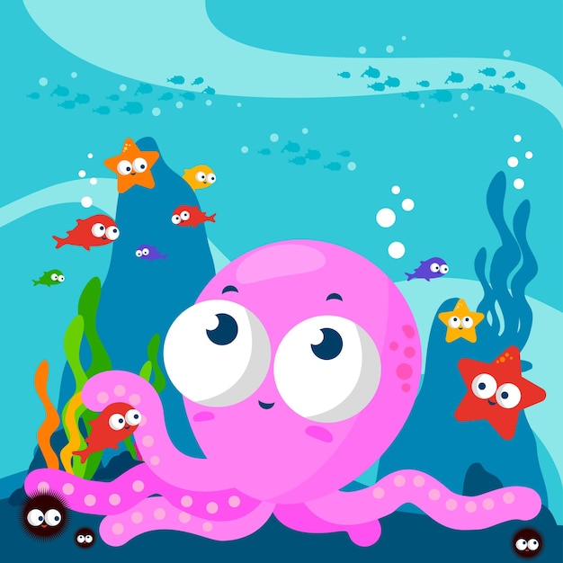 Polvo nadando debaixo do mar Polvo rosa debaixo d'água Estrela de mar peixe vida marinha Tema infantil