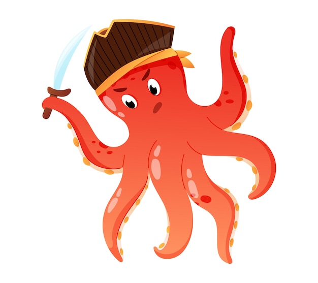 Polvo pirata vermelho bonito com um chapéu de abas largas e um punhal vector cartoon personagem infantil isolado