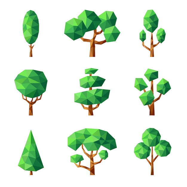Poly tree. plantas da estação da natureza verde vetoriais formas geométricas estilizadas imagens de baixo poli. ilustração de planta de árvore geométrica, gráfico de polígono de floresta verde