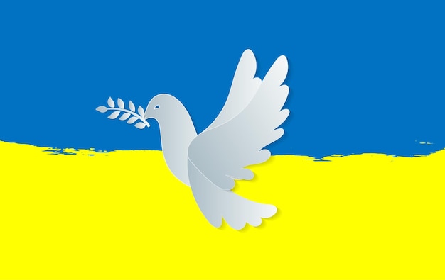 Pomba branca com ramo de oliveira na bandeira da ucrânia