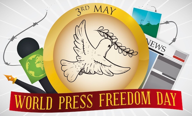 Vetor pomba da paz e elementos quebrando um arame farpado para a liberdade de expressão no dia mundial da liberdade de imprensa