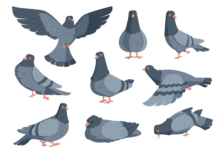 Vetor pomba de desenho animado personagens engraçados de pombos animal voador em poses diferentes criaturas aladas selvagens em pé e comendo em branco coleção de fauna urbana vetor pássaros da cidade voam em voo