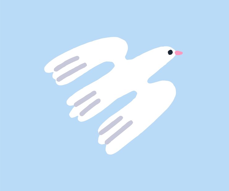 Vetor pomba voando no céu símbolo de paz e esperança pássaro livre tranquilo e pacífico estendendo asas pombos de penas brancas voam deslizando no ar voando pelo céu ilustração gráfica vetorial plana