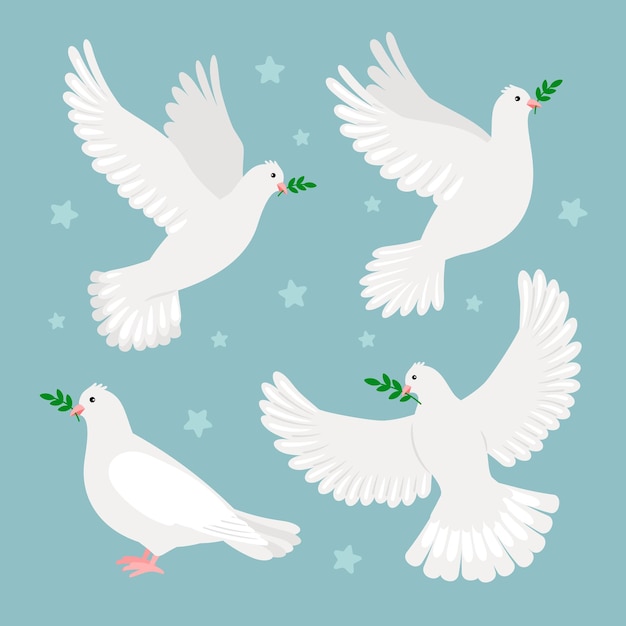 Vetor pombas com ramo de oliveira. conceito de dia internacional da paz, símbolo de natal ou casamento, ilustração vetorial de pombos da esperança isolados sobre fundo azul