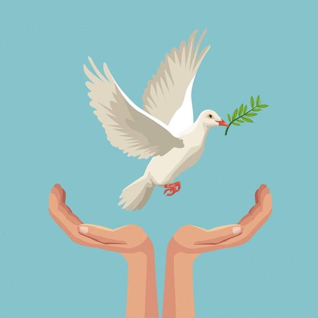 Vetor pombo voando com ramo de oliveira no pico e mãos segurando