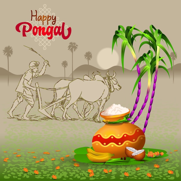 Pongal Saudações com lavrador de cana de açúcar e coisas tradicionais