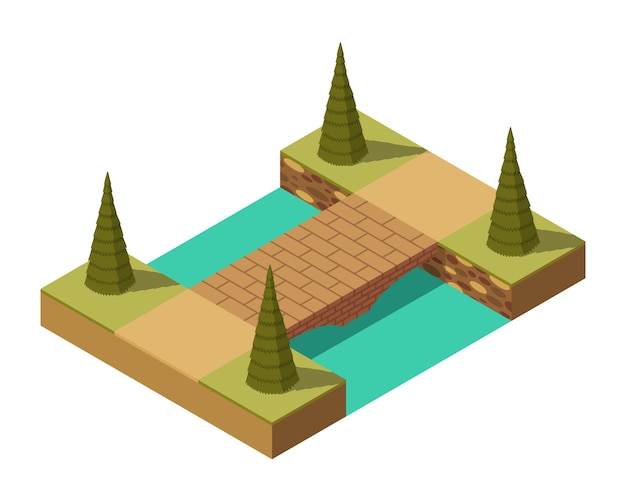 Ponte isométrica. elementos de desenho 3d isolados de uma infraestrutura urbana moderna para jogos ou aplicativos. ponte sobre o ícone isométrico do rio. infográfico de elemento.