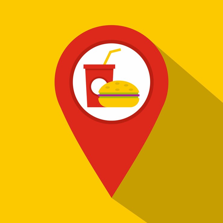 Vetor ponteiro de mapa vermelho com ícone de sinal de fast food e restaurante. ilustração plana do ponteiro do mapa vermelho com ícone vetor de sinal de fast food e restaurante para web isolado em fundo amarelo