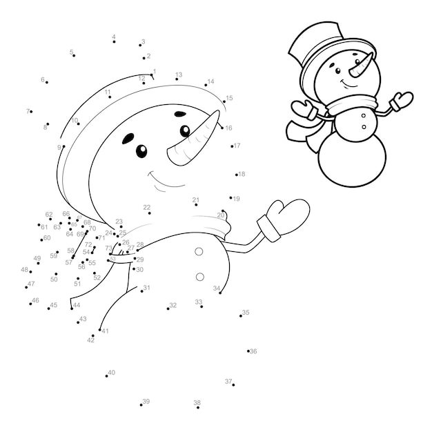 Ponto a ponto quebra-cabeça de natal para crianças. conecte o jogo dos pontos. ilustração vetorial de boneco de neve