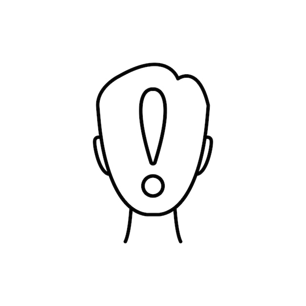 Ponto de exclamação na linha fina abstrata rosto humano tendência linear simples logotipo moderno elemento de design de arte gráfica isolado no conceito branco de homem doente ou crise ou pictograma de dor de cabeça
