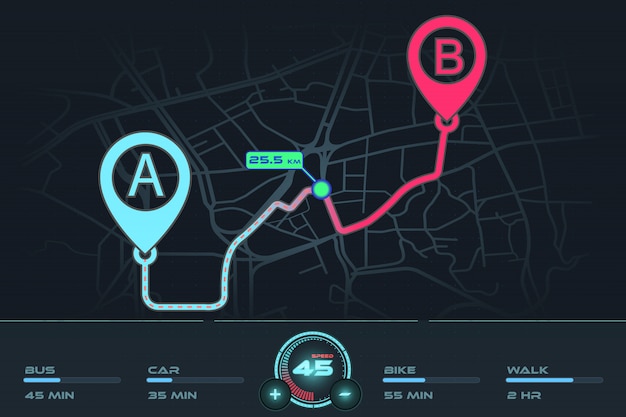 Vetor ponto de rastreio de gps de navegação do painel a ao ponto b