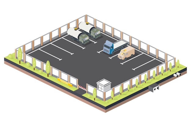 Ponto de verificação de estacionamento isométrico para caminhões e carros com barreira