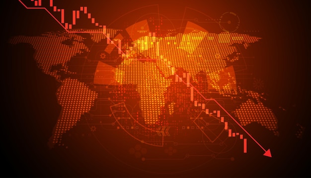 Pontos abstratos do mapa e gráficos do mercado de ações estão caindo ou mercado de baixa ou puxão de tapete