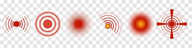 Pontos de dor transparentes conjunto de círculo vermelho de dor ou ícone de localização de dor símbolos de dor isolados