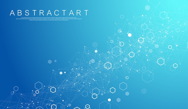 Pontos e linhas abstratas de tecnologia conectam fundo com hexágonos. grade hexagonal. dados digitais de conexão de hexágonos e conceito de big data. visualização de dados digitais hexadecimais.