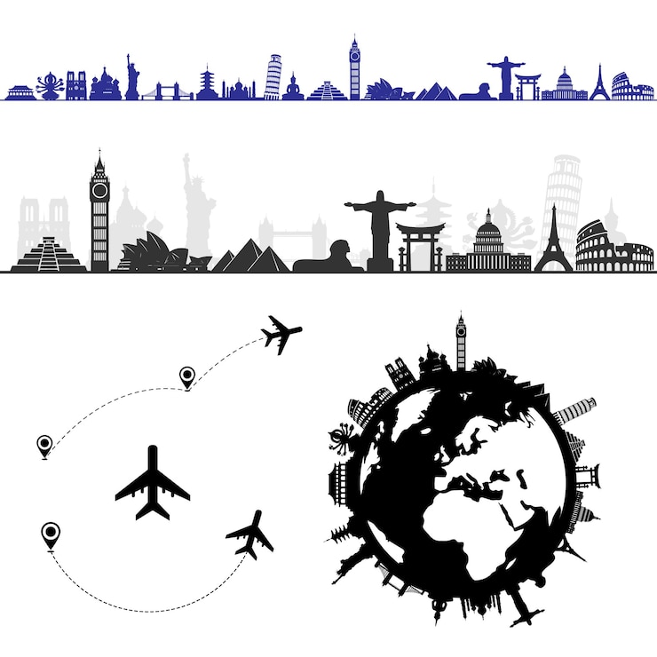 Vetor pontos turísticos do mundo em linha e com círculo