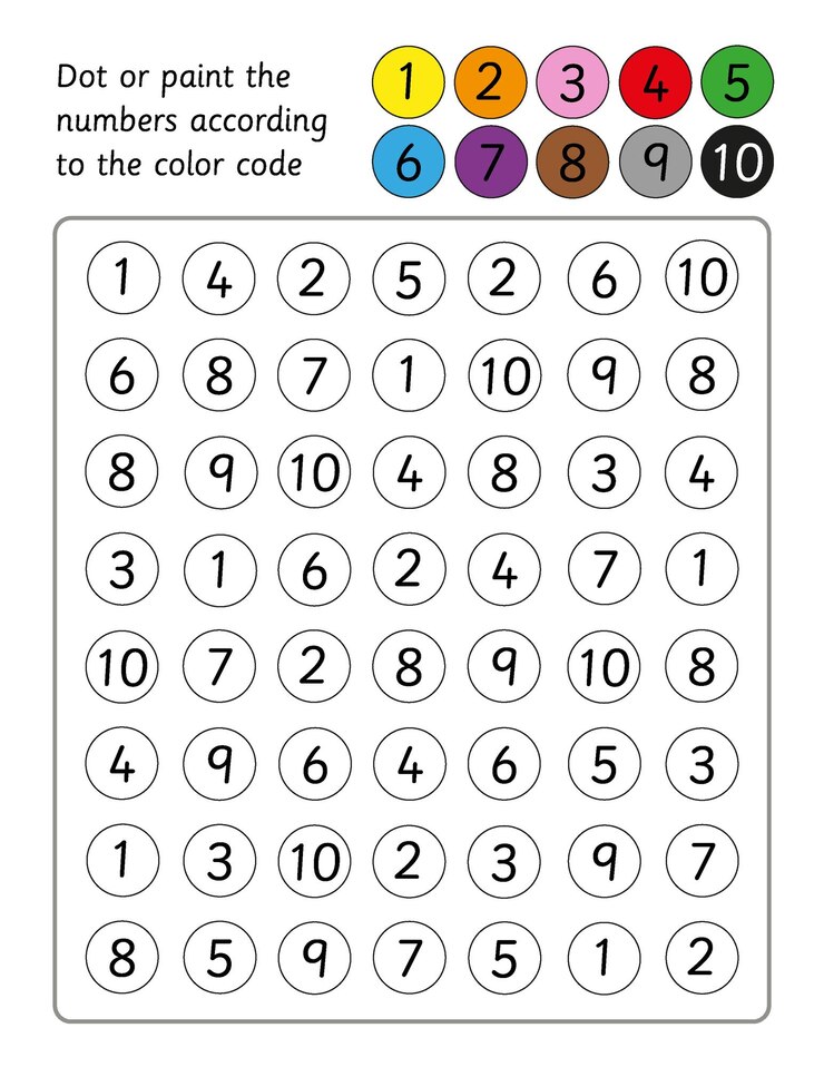 Vetor pontue ou pinte os números por planilha de código de cores ou jogo para habilidades motoras finas pré-escolares da criança