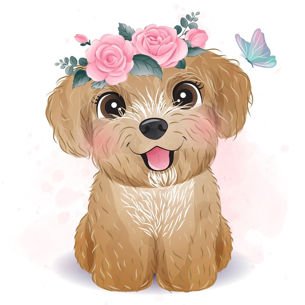 Poodle pequeno bonito com ilustração floral