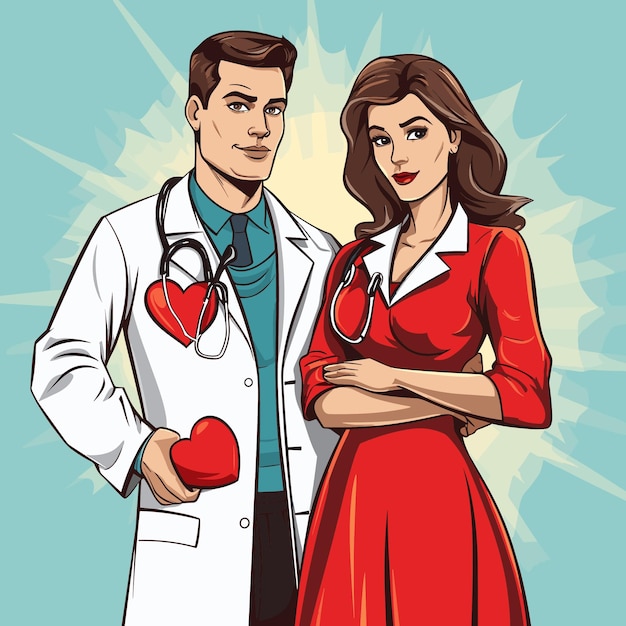Pop art doutor e enfermeira segurando corações vermelhos vector de desenhos animados com fundo branco