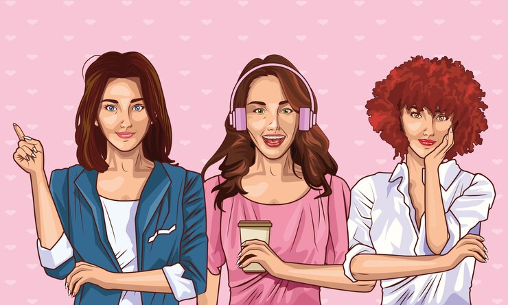 Vetor pop art fashion e mulheres bonitas dos desenhos animados