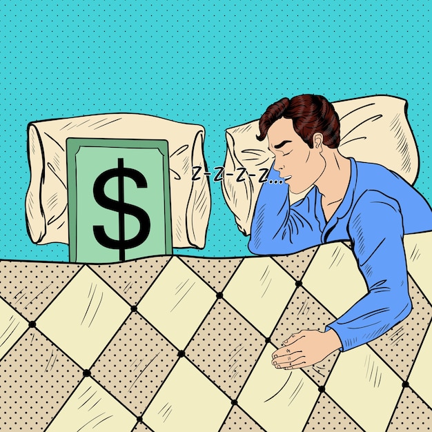 Pop art homem dormindo na cama com notas de dólar. ilustração