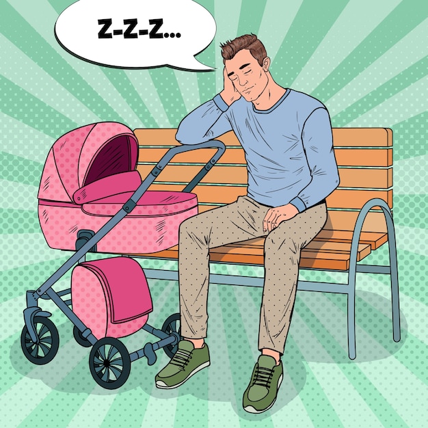 Pop Art insone jovem pai sentado no banco do parque com o carrinho de bebê. Conceito de Paternidade. Homem exausto com filho recém-nascido.