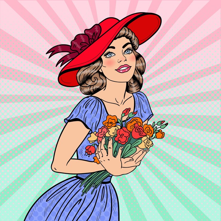 Vetor pop art jovem apaixonada por um buquê de flores