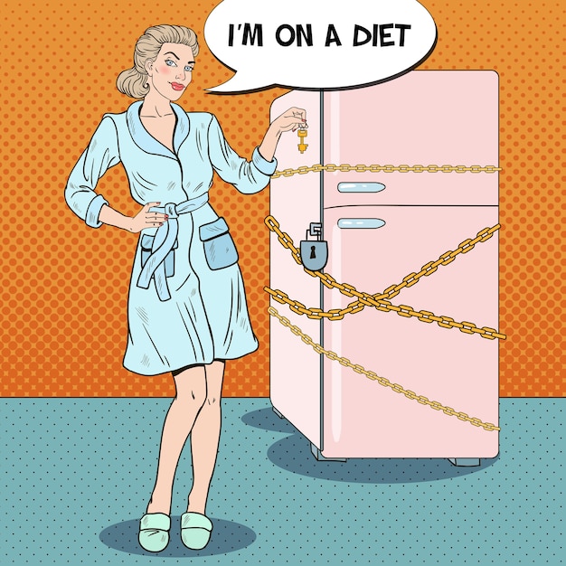 Pop art jovem fazendo dieta com geladeira fechada
