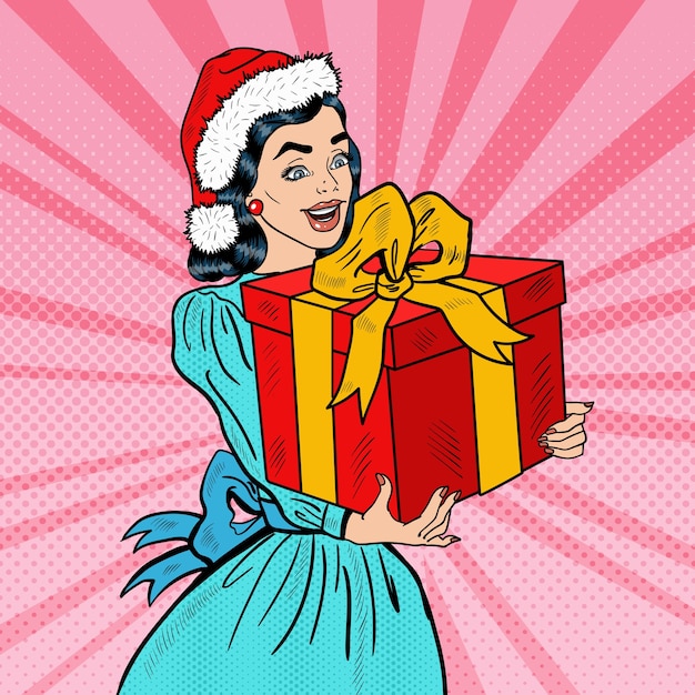 Pop art jovem mulher feliz segurando a caixa de presente de natal. ilustração