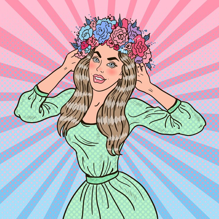 Vetor pop art linda mulher apaixonada com coroa de flores