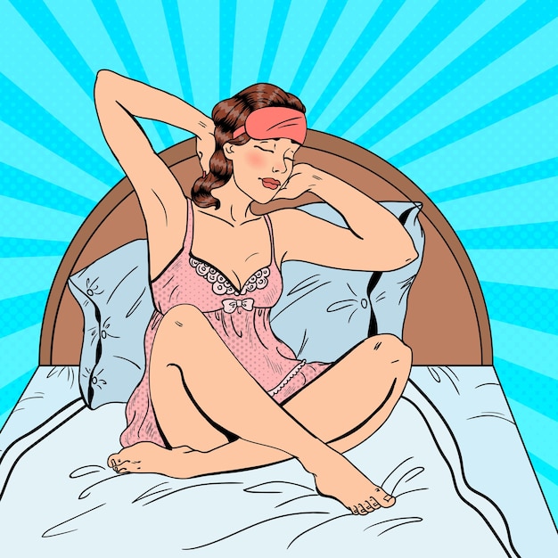 Vetor pop art linda mulher fazendo alongamentos depois de acordar na cama