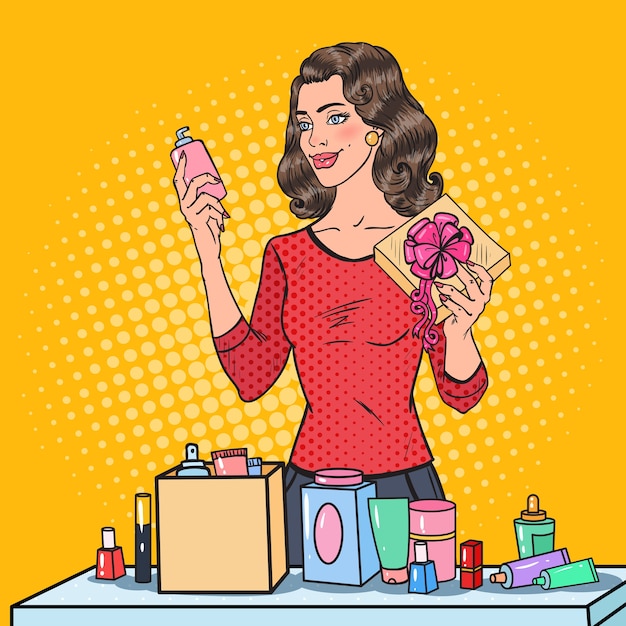 Pop art mulher bonita com cosméticos em caixa de presente