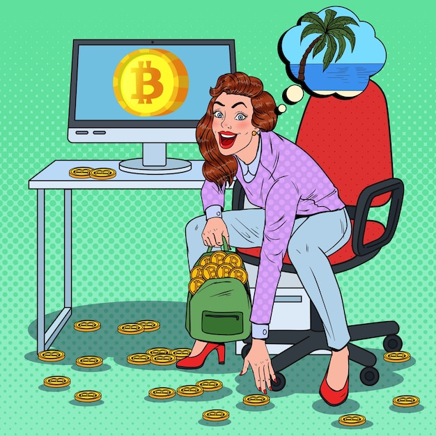 Pop art mulher feliz colocando bitcoins na mochila