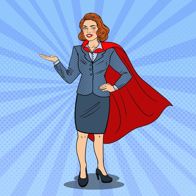 Pop Art Super Mulher de Negócios em Red Cape apontando no espaço da cópia
