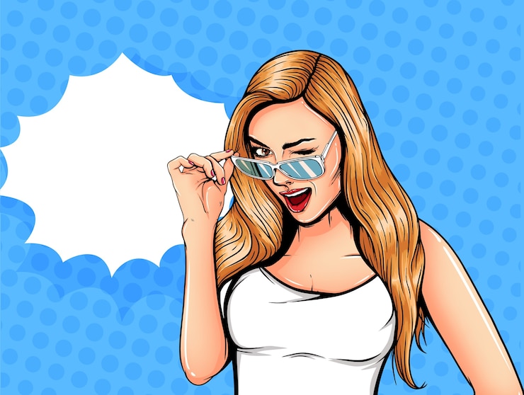 Vetor pop art vintage r quadrinhos com bolha do discurso. menina bonita piscando para você