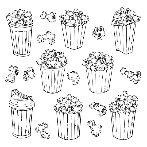 Vetor popcorn doodle conjunto de estilos de contorno vetorial clip art editável
