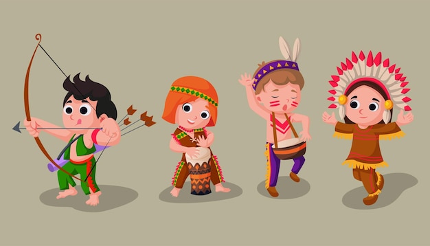 População tribal indiana americana fofa de desenho animado ao vivo na ilustração vetorial do deserto