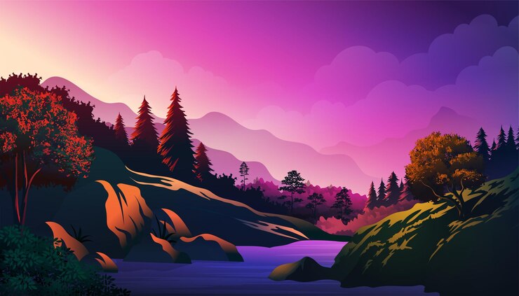 Vetor pôr do sol brilhante e vibrante da floresta montanhosa e do rio com o amanhecer e a paisagem do vale profundo