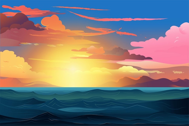 Vetor pôr do sol de fundo no oceano ilustração de desenho animado caprichoso