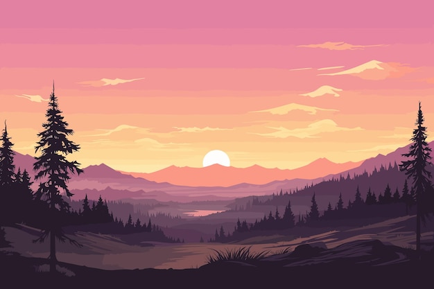 Pôr do sol de verão paisagem plana ilustração de arte vetorial cartaz vintage retrô