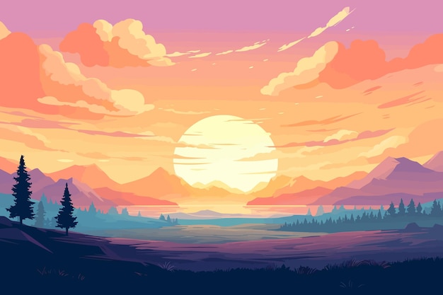 Pôr do sol de verão paisagem plana ilustração de arte vetorial cartaz vintage retrô