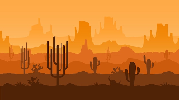 Pôr do sol do deserto do Texas, vale de paisagem do Arizona de cactos com silhuetas de montanhas, ilustração vetorial panorâmica de fundo