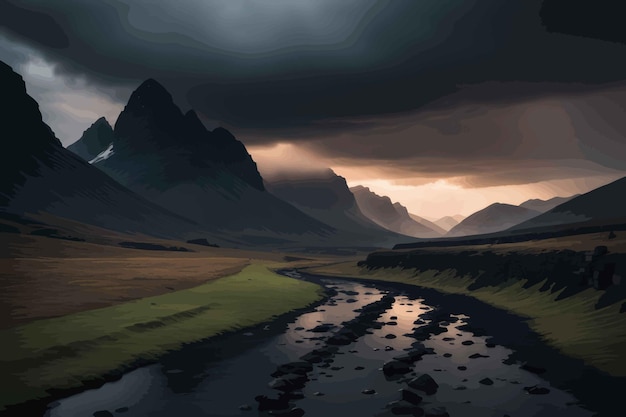 Vetor pôr do sol dramático da islândia nas montanhas pôr do sol dramático da islândia nas montanhas bela paisagem