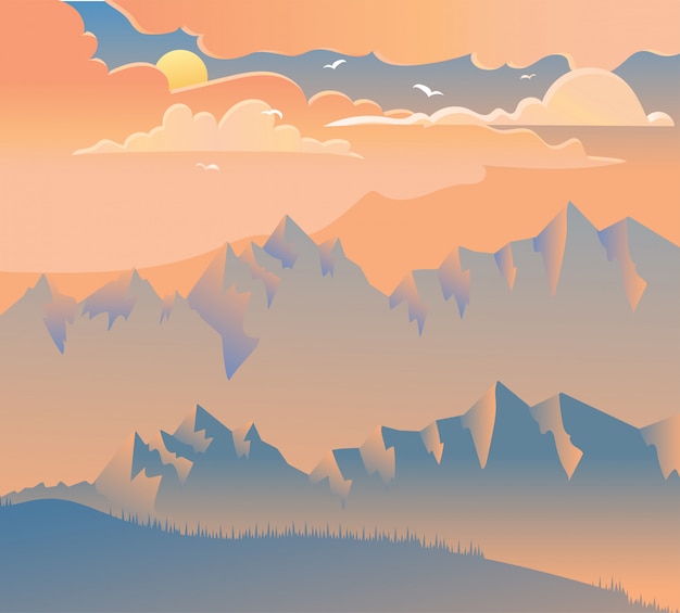 Pôr do sol em ilustração vetorial de montanhas