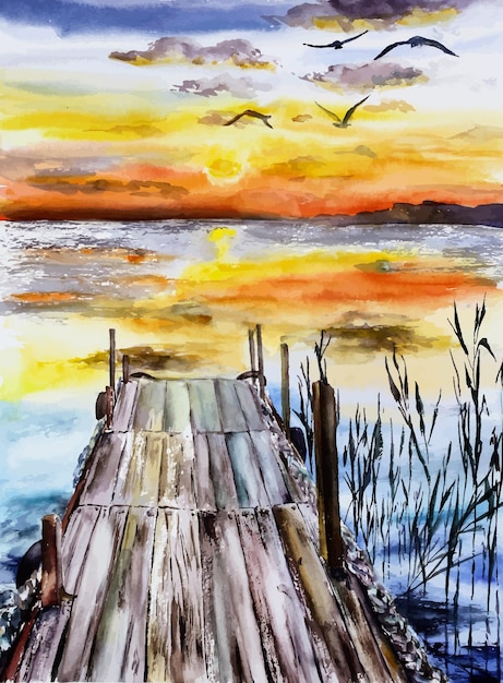 Pôr do sol mar lago ilustração aquarela natureza ecológica água calma