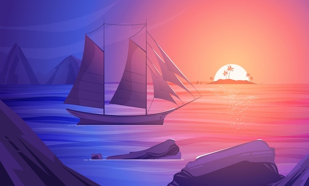 Pôr do sol na composição dos desenhos animados coloridos do mar do sul com um barco à vela perto da ilustração da costa rochosa